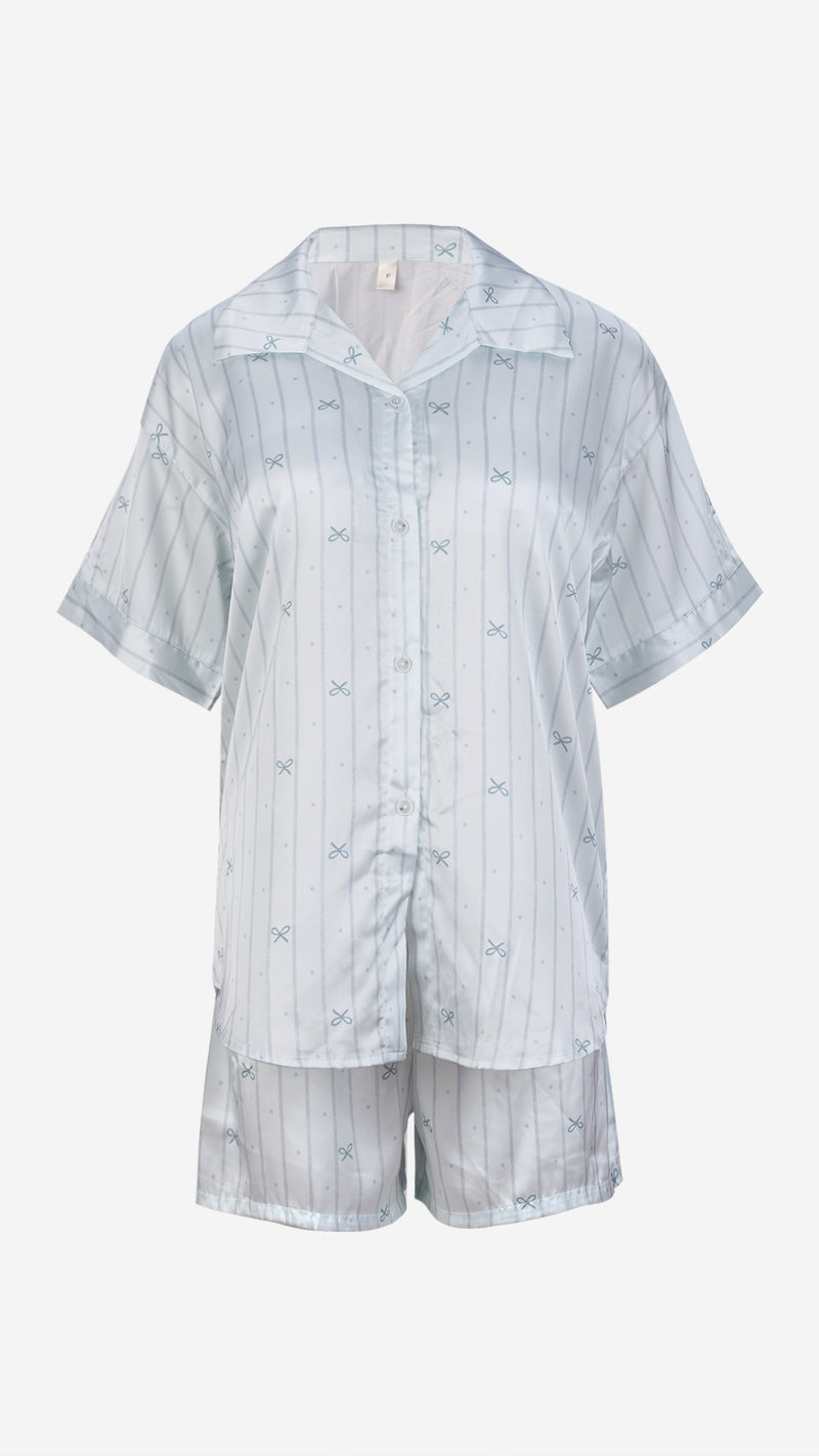 Sky Blue Striped Satin Shirt & Shorts PJ Set