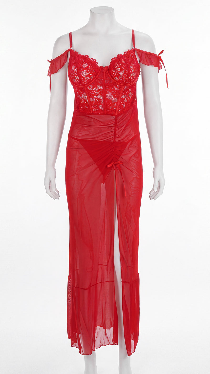 Net Lace Long Nightgown | Wired Bustier Style Lingerie