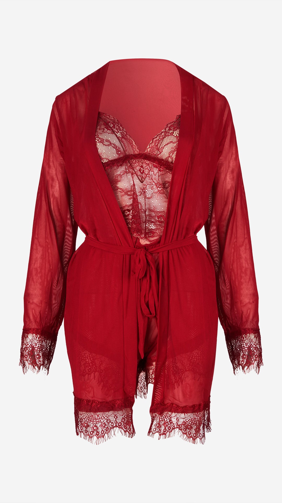Red Lace Cami, Shorts & Robe 3-Piece Set