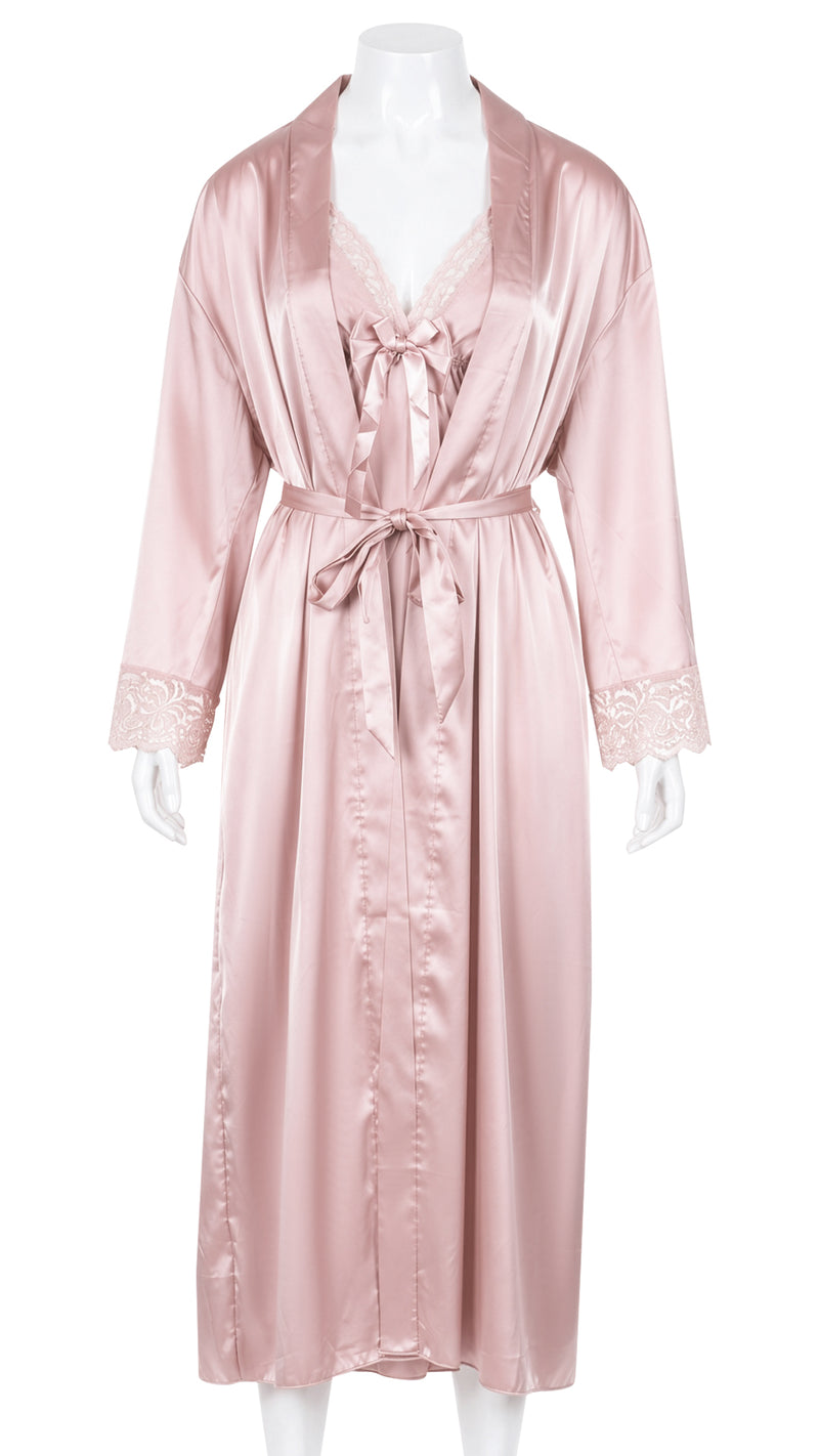 Product shot of blush pink satin robe with lace cuffs on mannequin