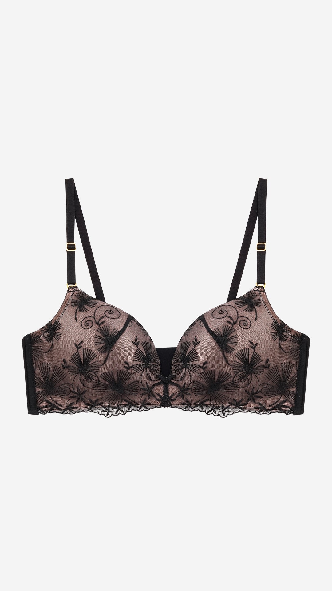 Black Floral Embroidered Wire-Free Plunge Bra