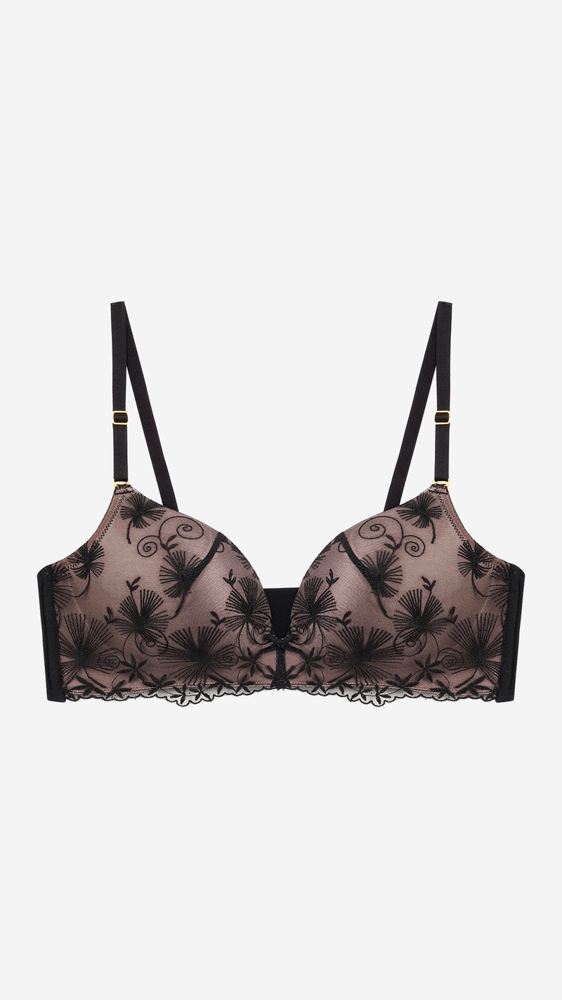 Black Floral Embroidered Wire-Free Plunge Bra