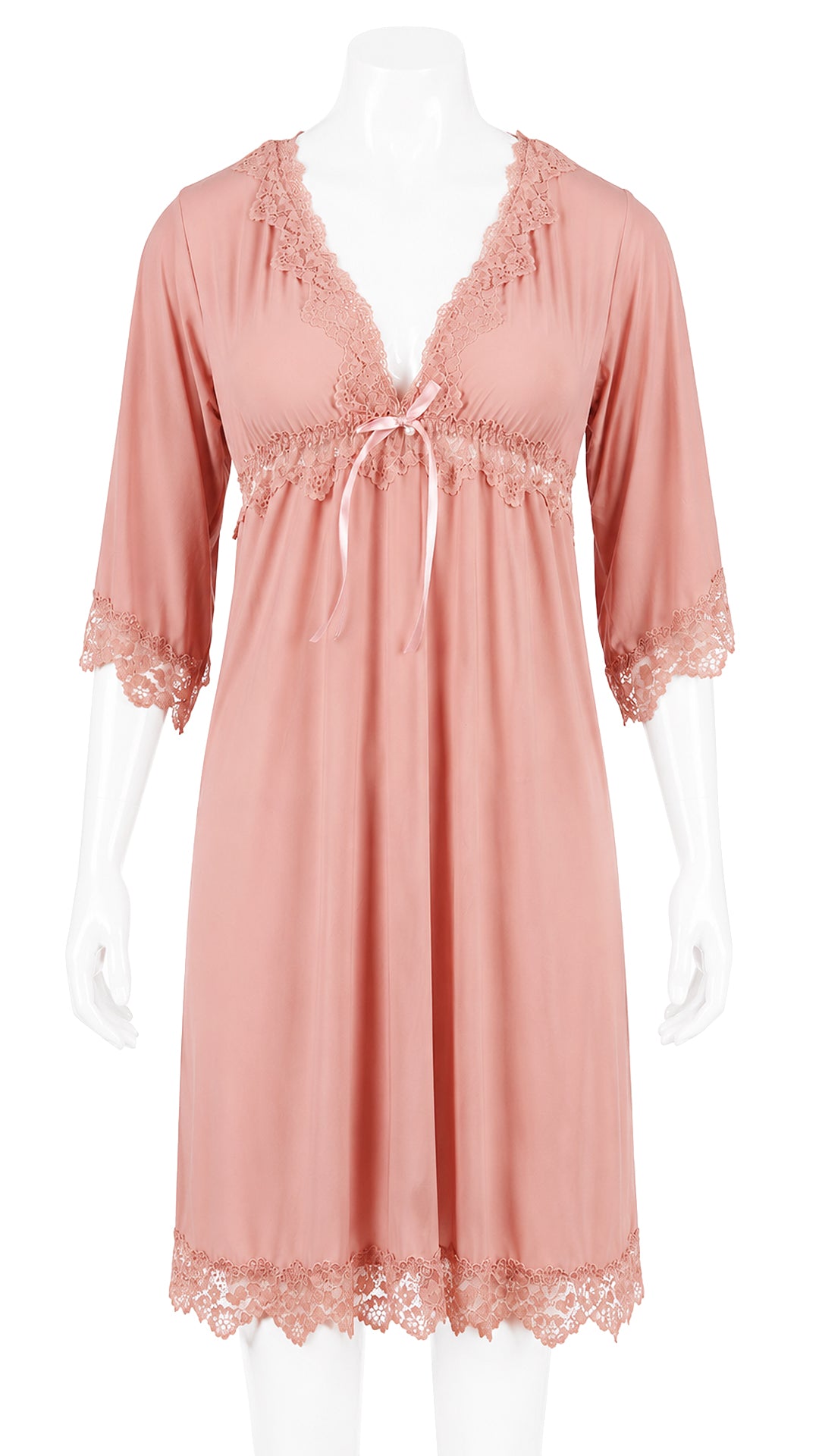 Pink lace-trimmed nightdress with flared sleeves on mannequin, front view