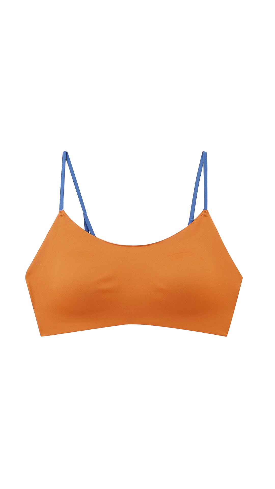 Product shot of orange bralette with blue straps on white background