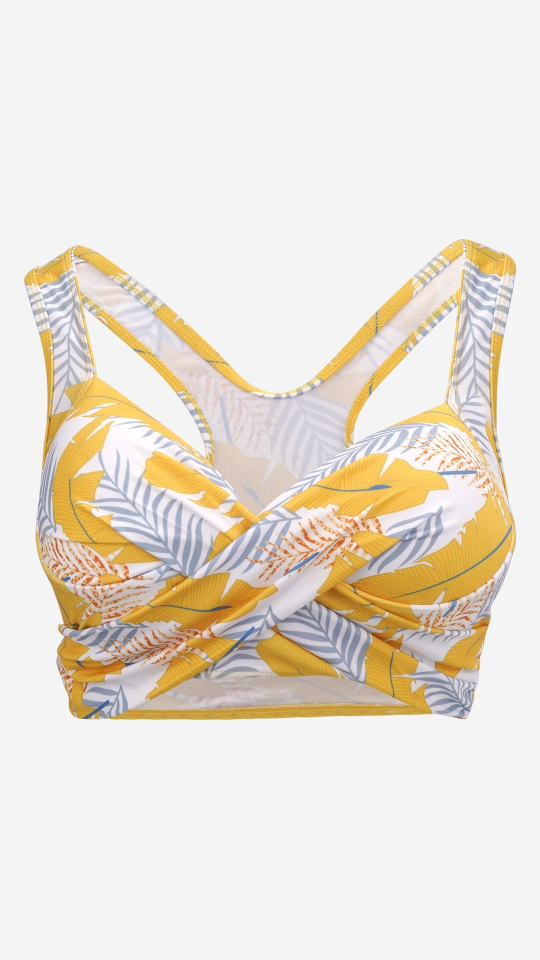 Flat lay of tropical print halter bralette showing twist-front detail