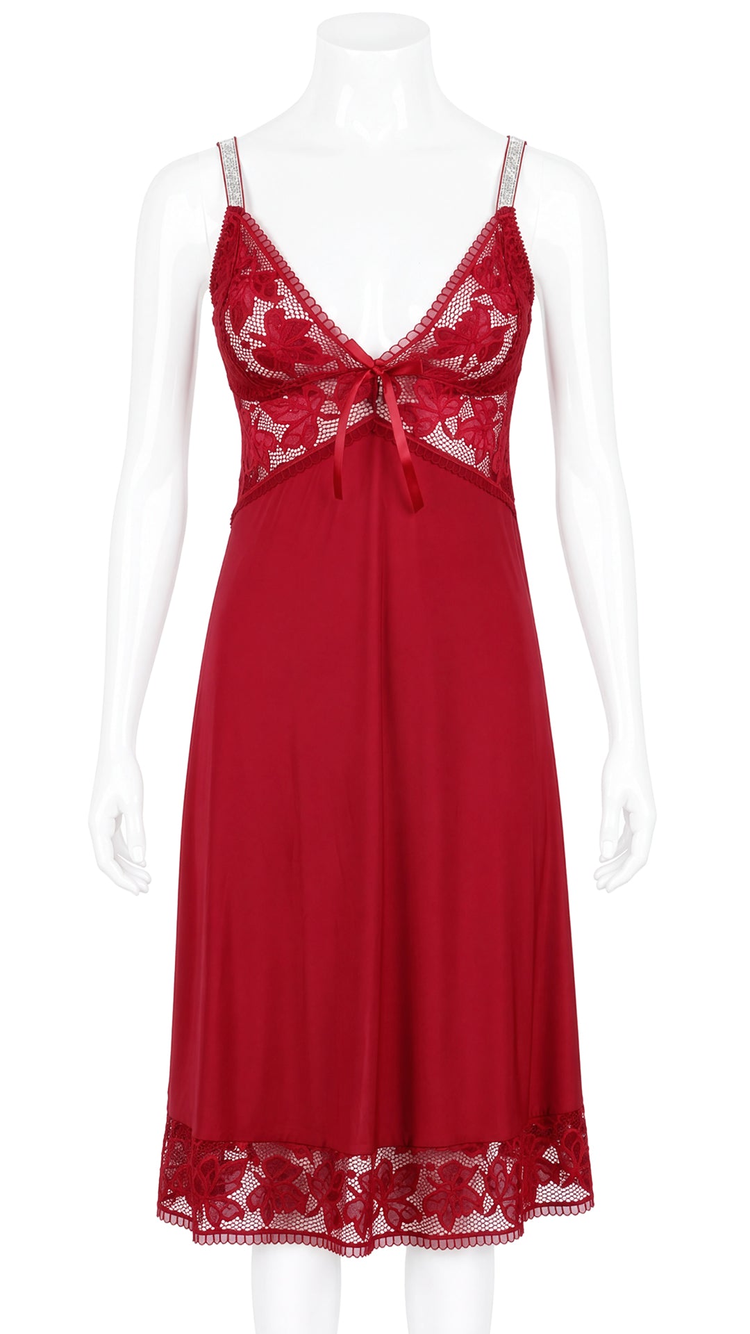 Red satin nightdress with lace bodice and shimmer straps on mannequin, front view