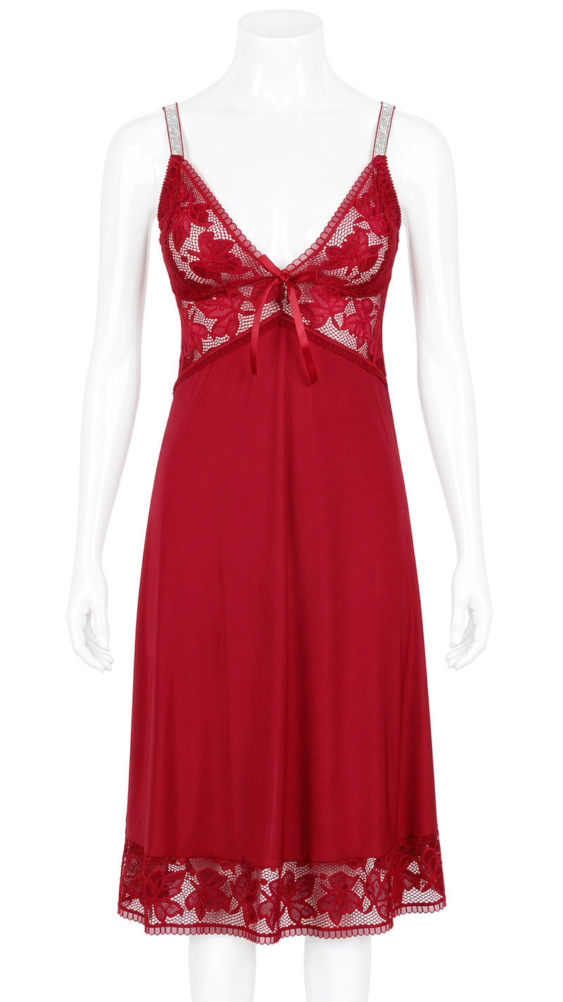 Red satin nightdress with lace bodice and shimmer straps on mannequin, front view
