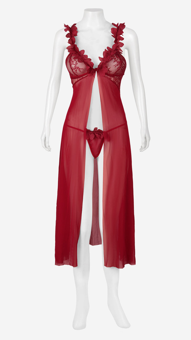 Scarlet Sheer Floral Trim Long Babydoll Gown