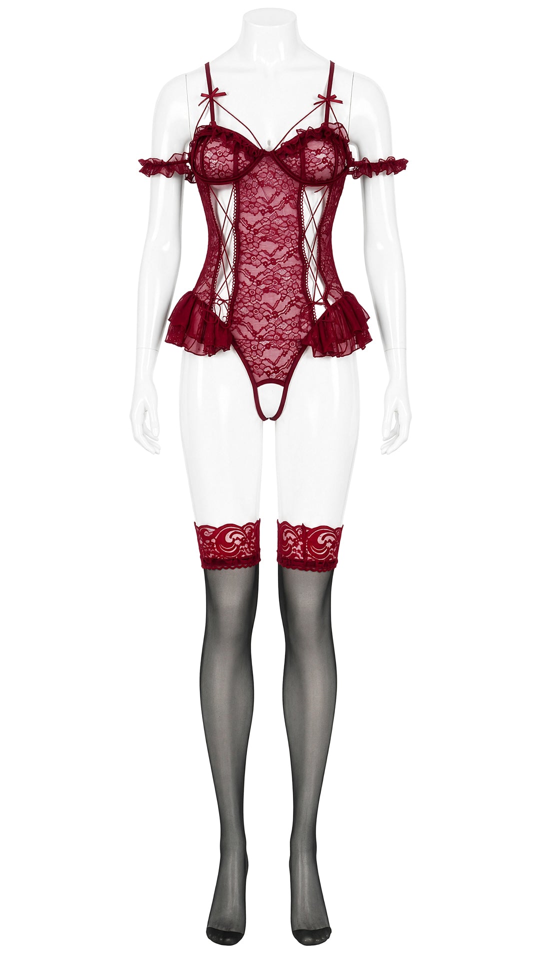 Mannequin display of red lace teddy with garter-style stocking set