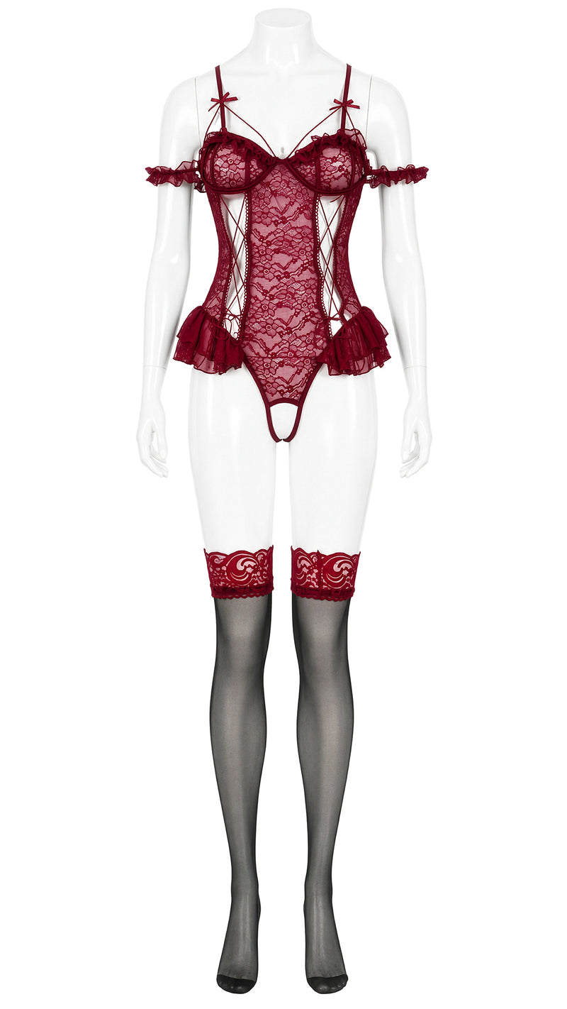 Mannequin display of red lace teddy with garter-style stocking set