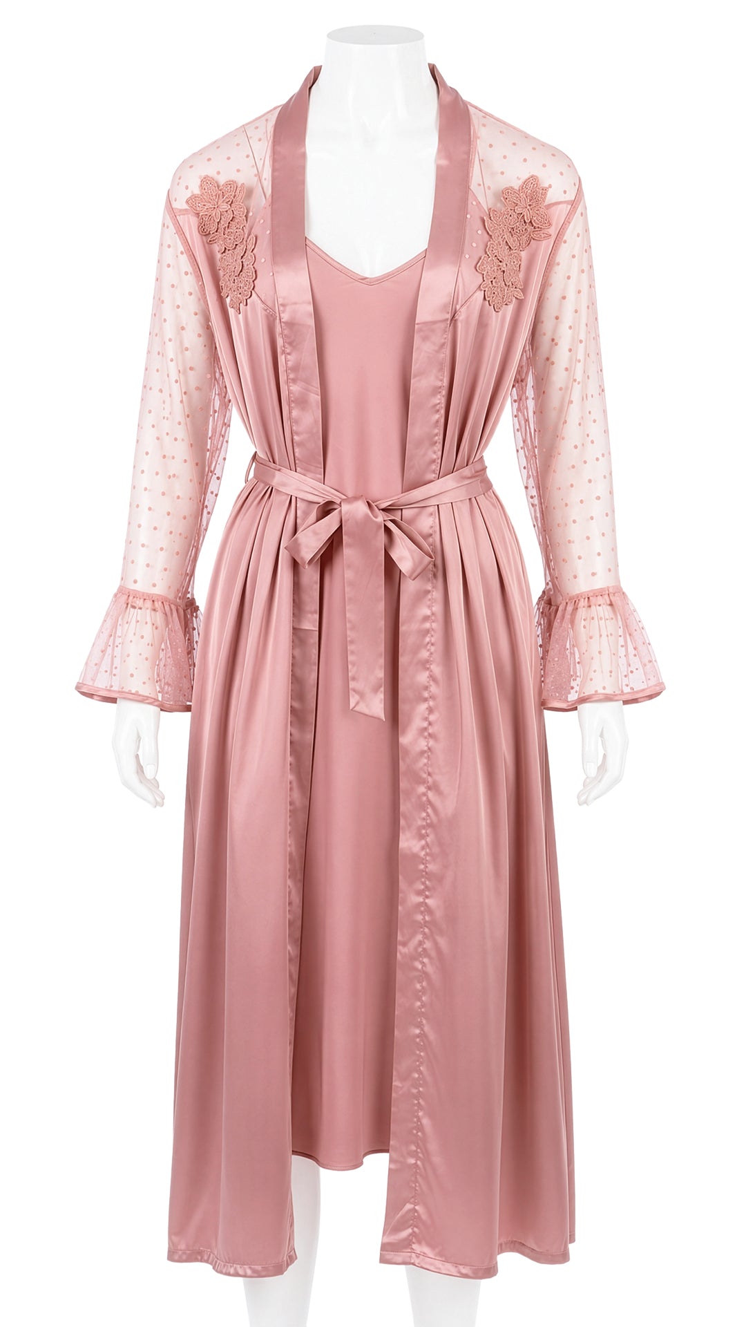 Product shot of dusty pink polka dot mesh robe with lace applique on mannequin