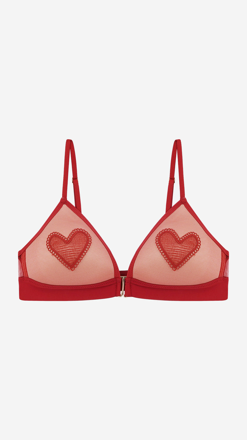 Red Heart Embroidered Front-Open Bralette
