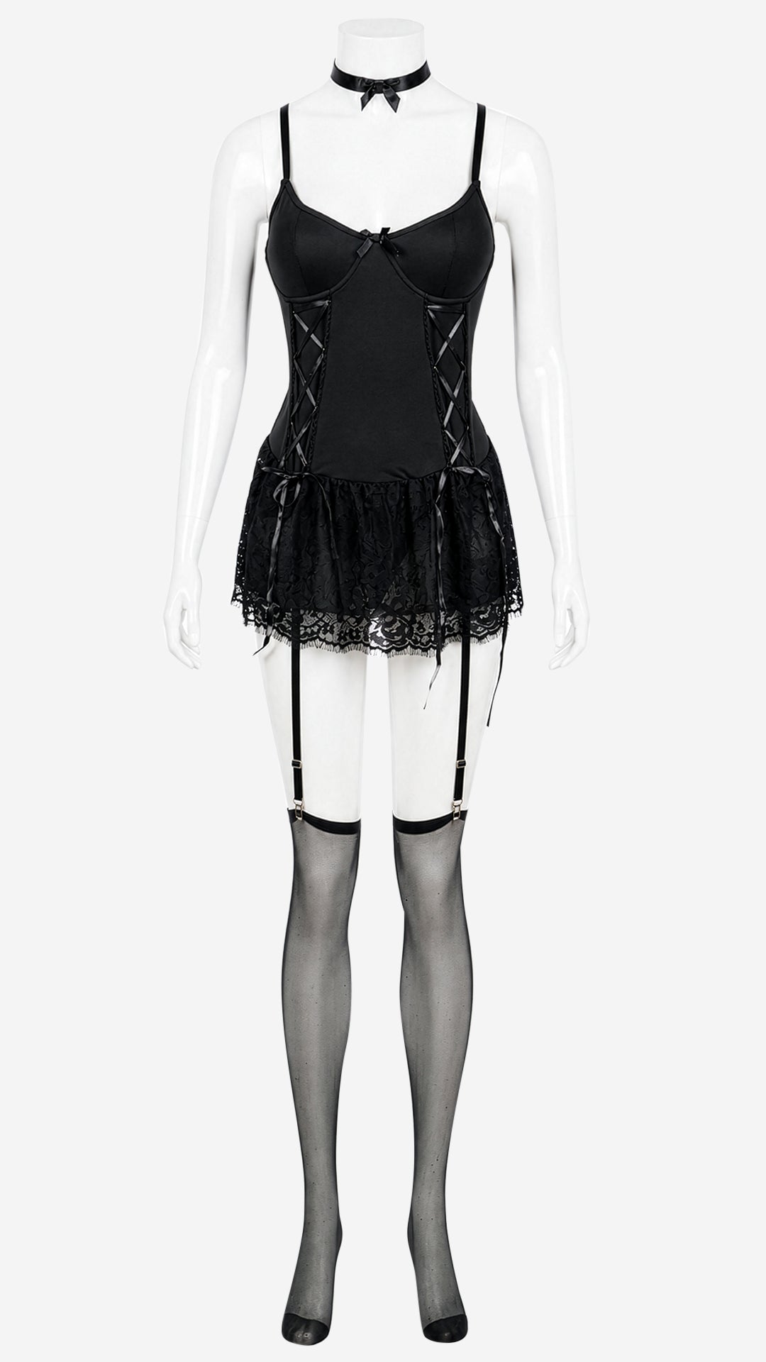 Black lace-up babydoll nightdress with garter straps and stockings on mannequin, front view