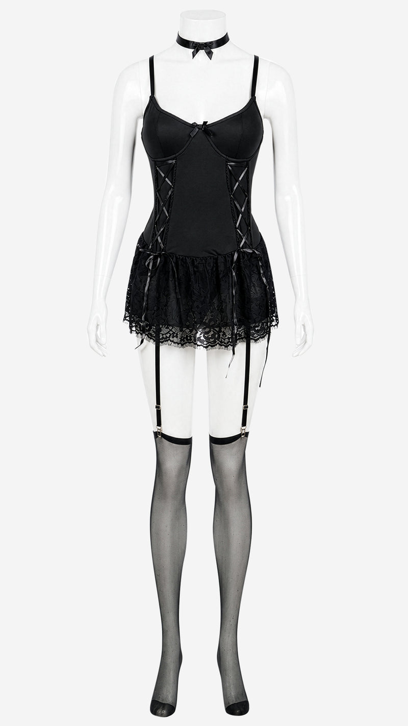 Black lace-up babydoll nightdress with garter straps and stockings on mannequin, front view