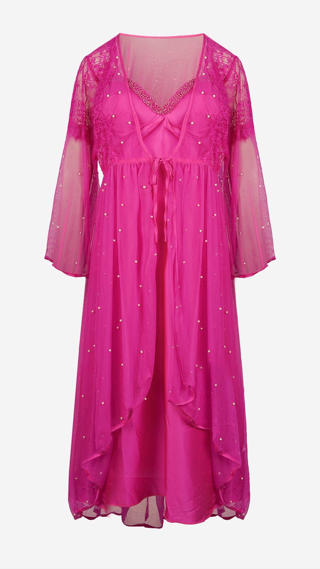 Fuchsia Pink Satin Nighty & Pearl Robe Set