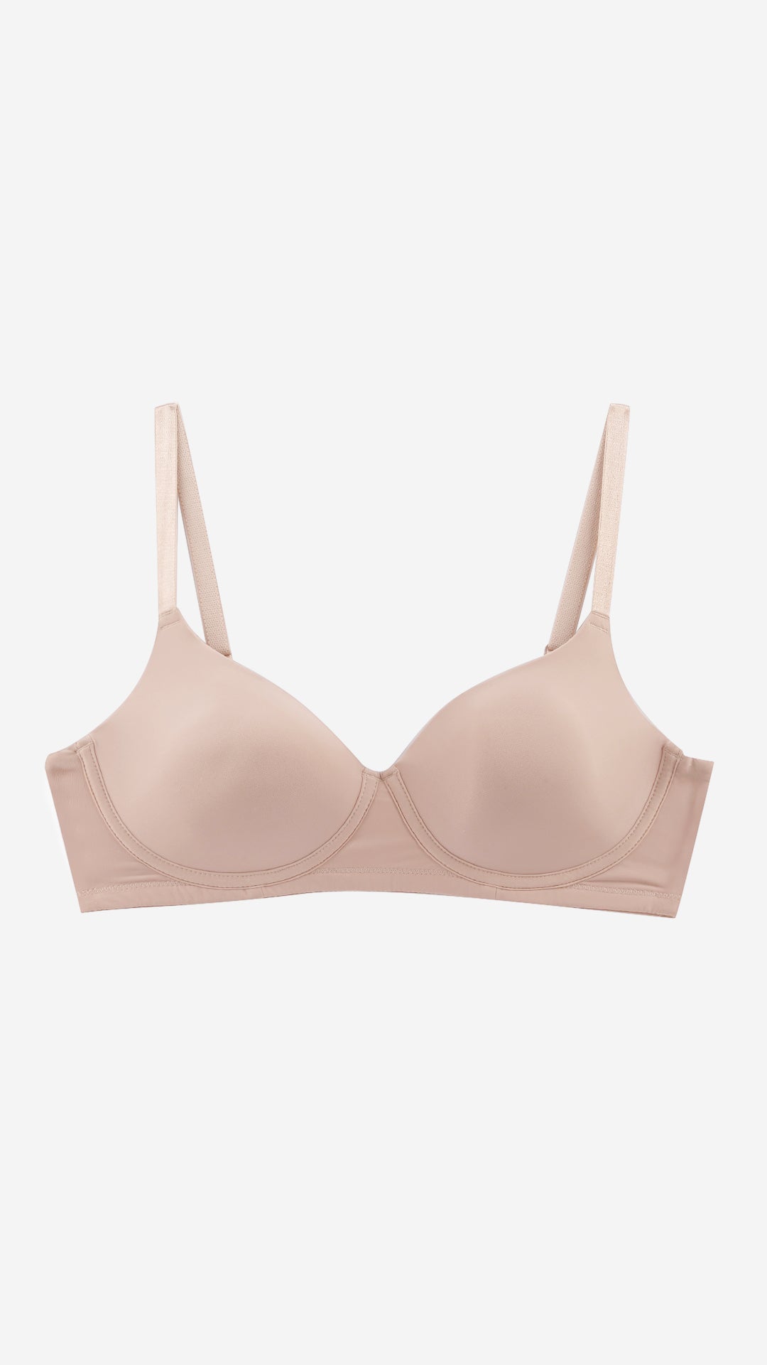 Beige non-wired deep plunge bra on white background, front flat lay