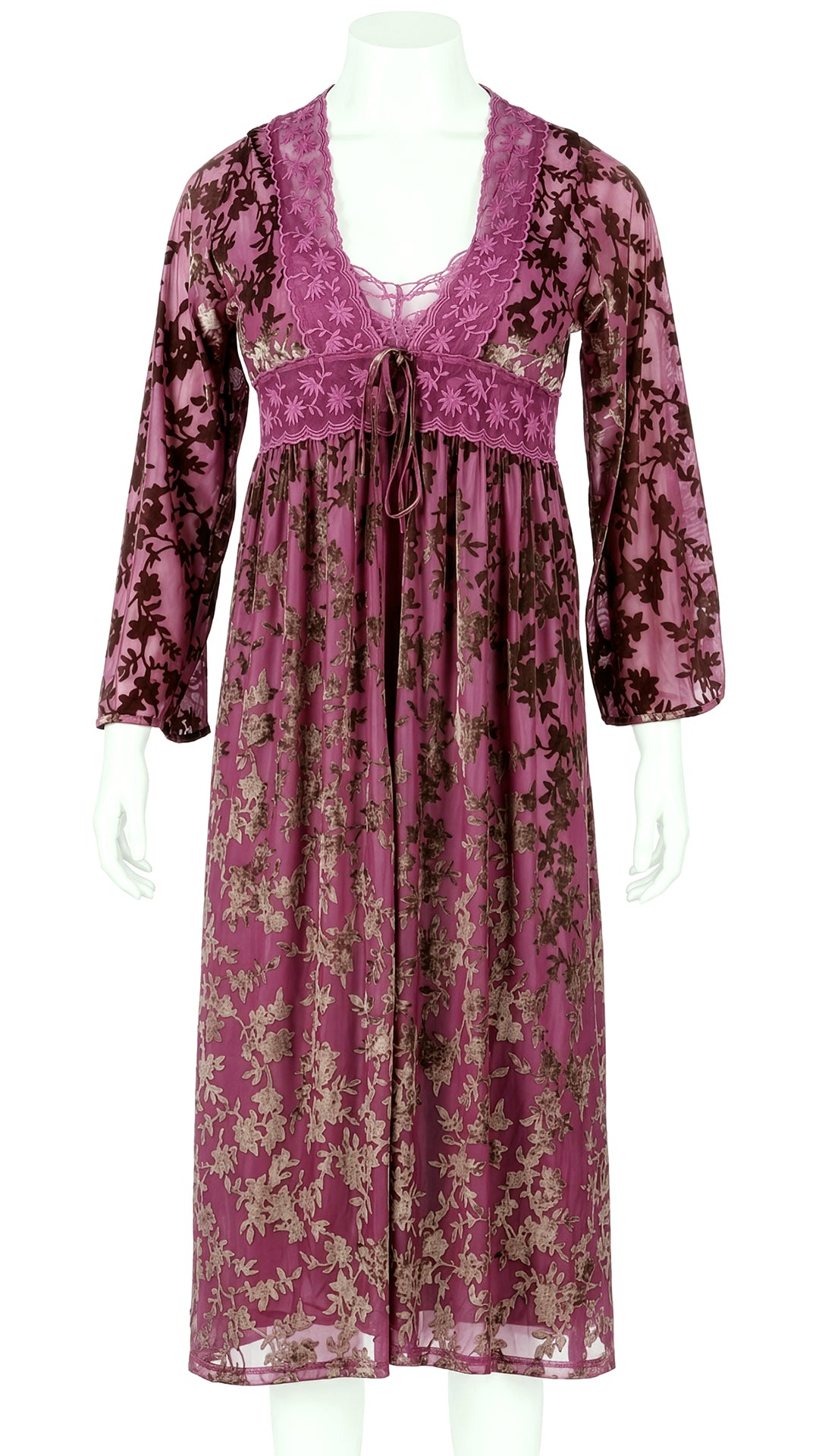 Purple floral mesh robe with lace trim on mannequin, front view