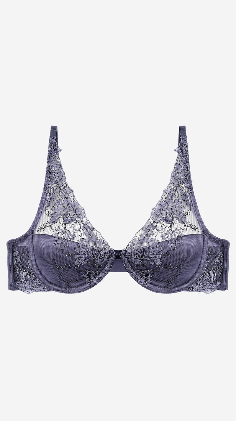 Charcoal Grey Lace Wide-Strap Bra – Wired