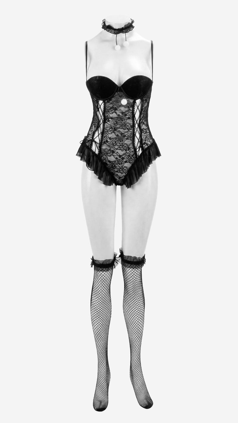 Black bunny role play lingerie set with bodysuit, choker and fishnet stockings