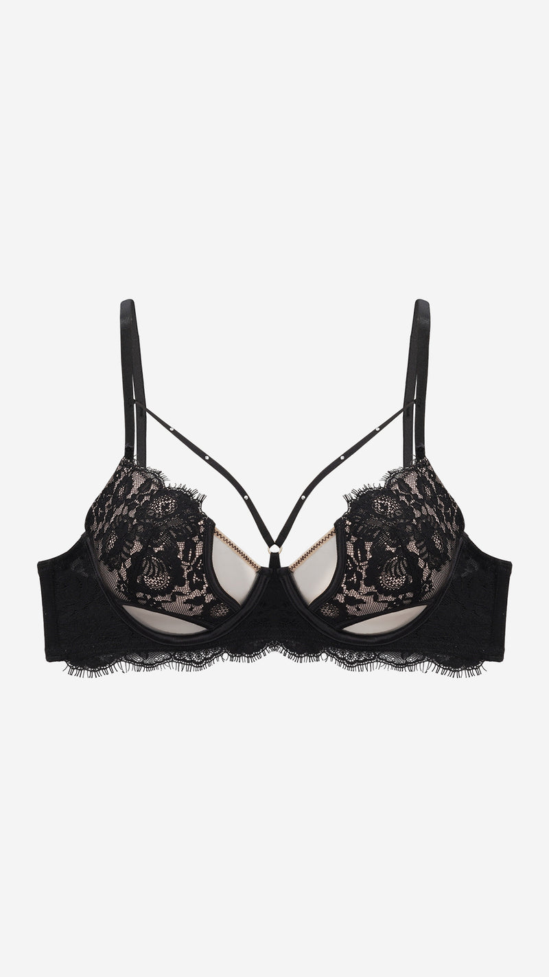 Black Strappy Lace Cage Bra with Cut-Outs