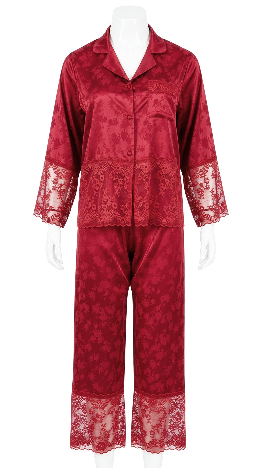 Red satin jacquard pyjama set with lace hem on mannequin, front view