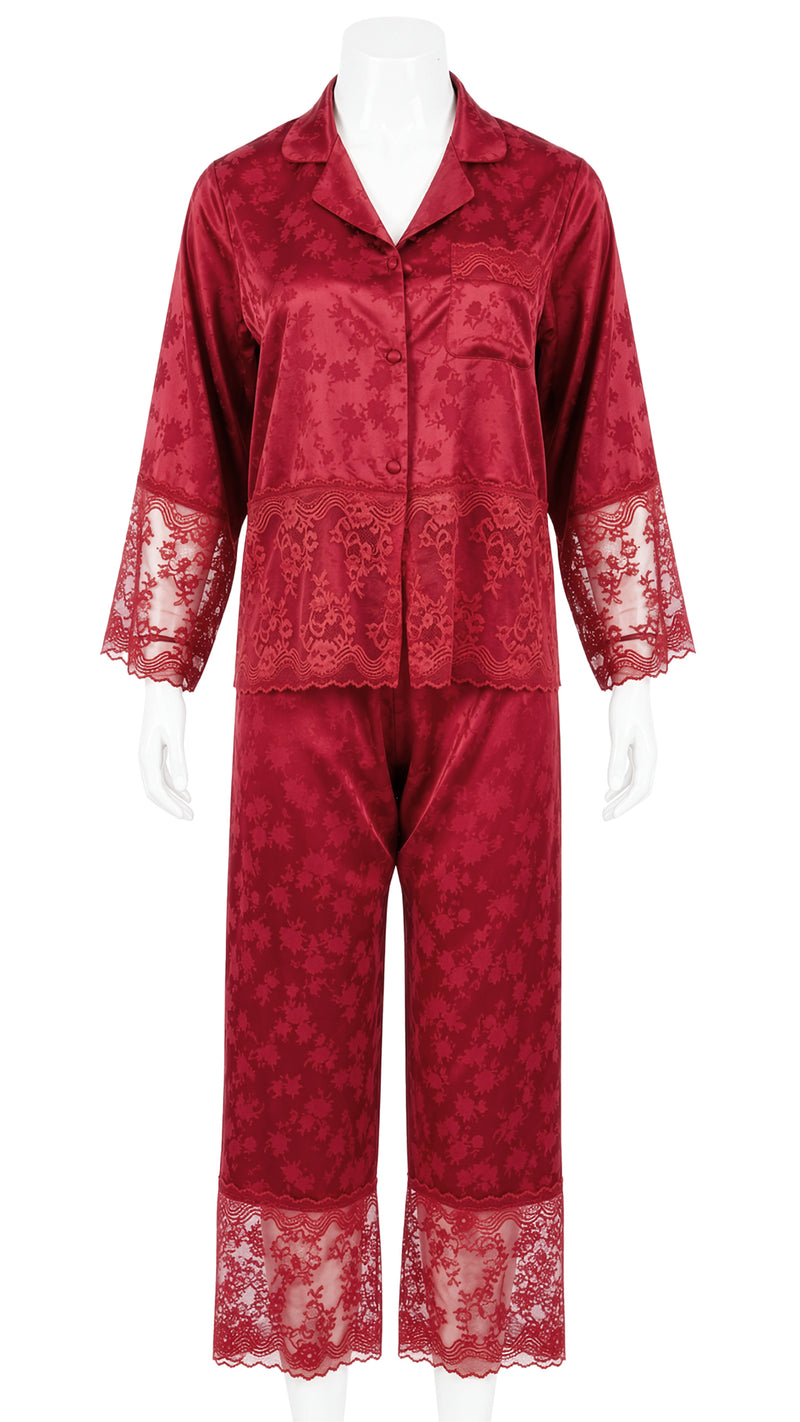 Red satin jacquard pyjama set with lace hem on mannequin, front view