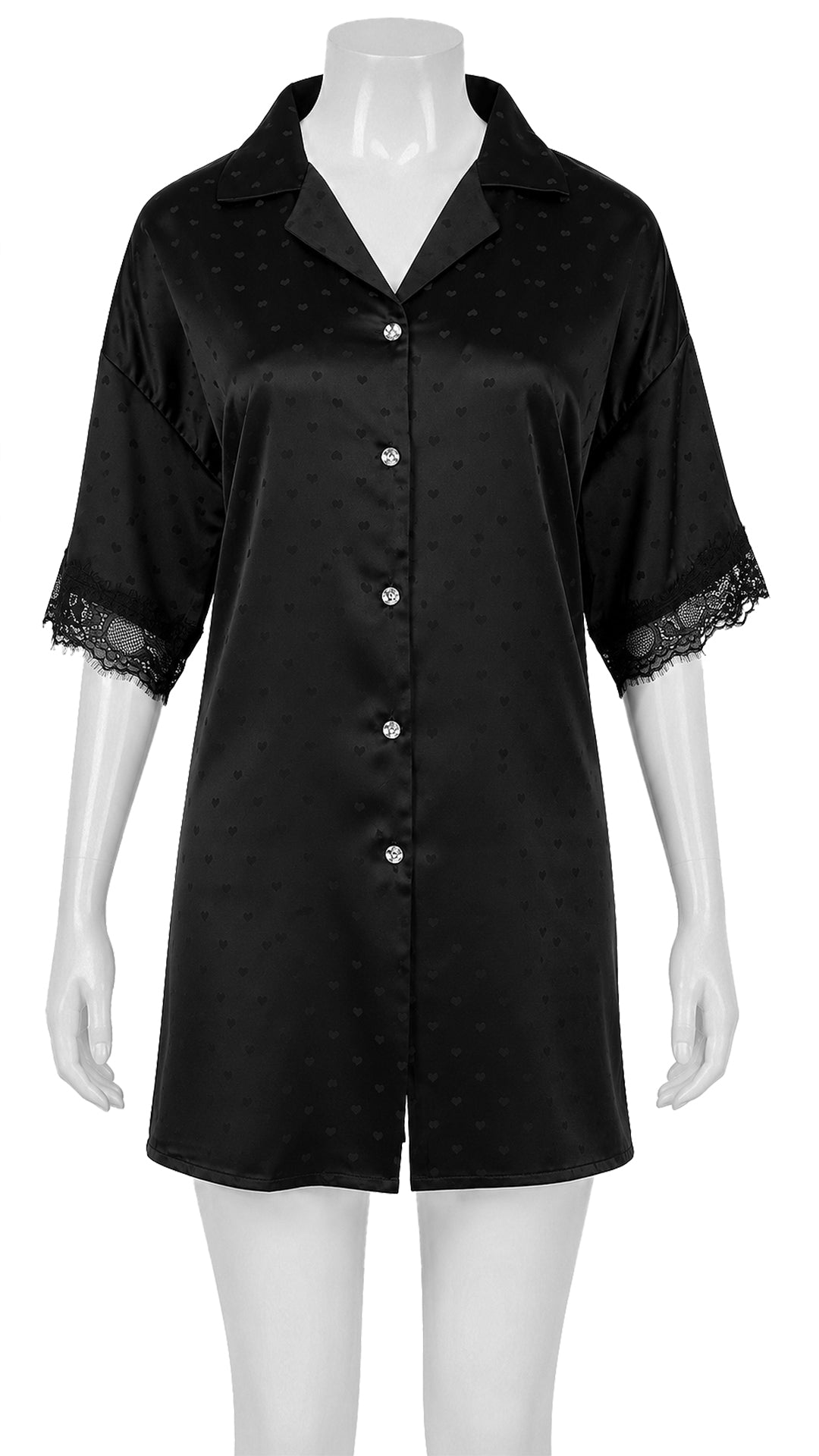 Black satin sleep shirt with lace trim on mannequin, front view