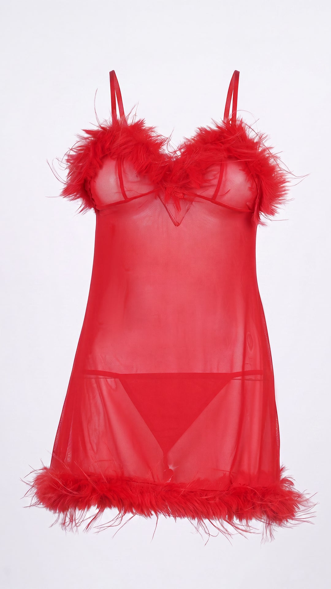 Front view of red feather-trim mesh slip dress on white background