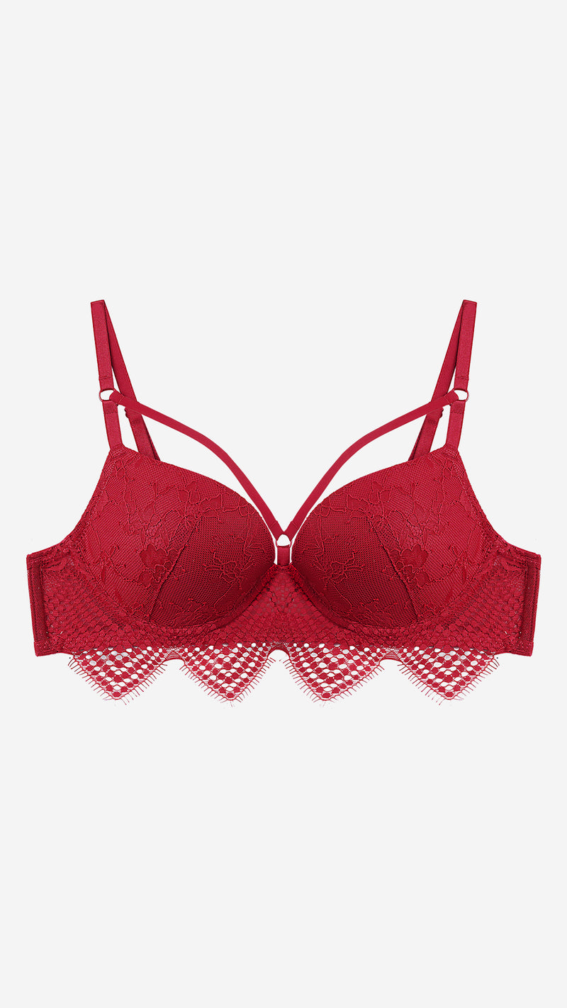 Red Lace Push-Up Bra with Strappy Neckline