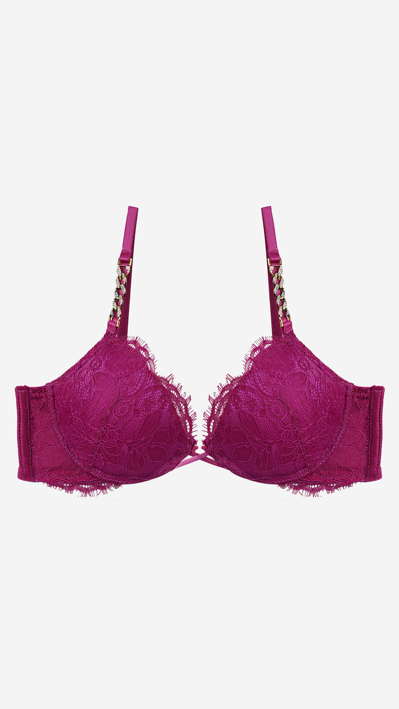 Magenta Lace Push-Up Bra with Chain Straps