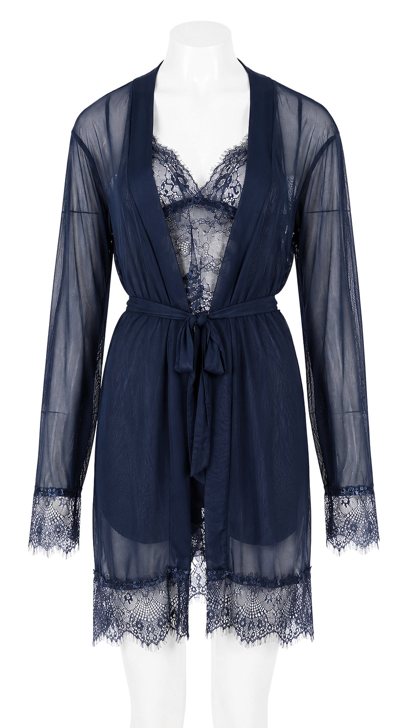 Navy sheer lace robe with tie waist on mannequin, front view
