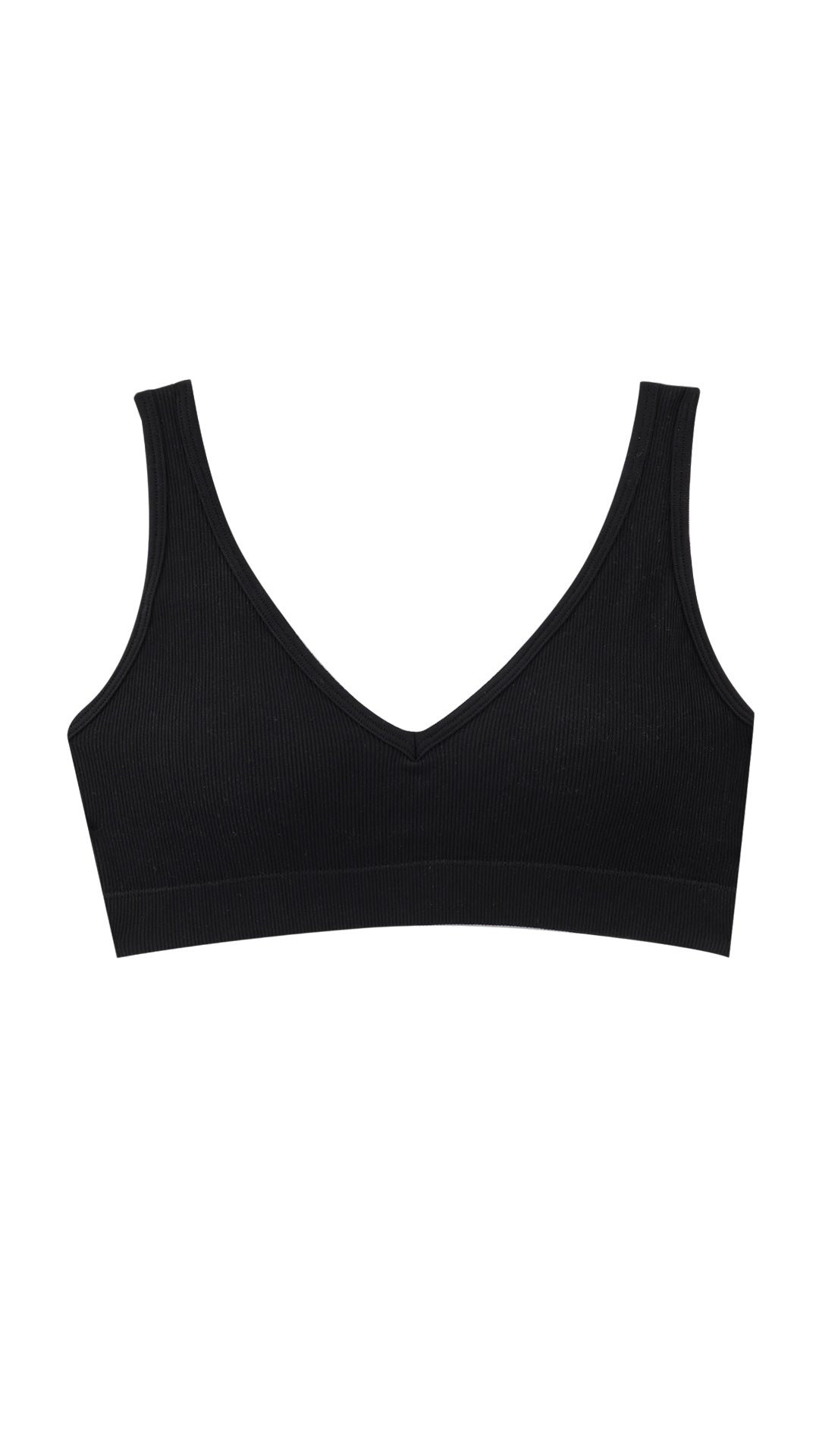 Product shot of black V-neck ribbed bra on white background