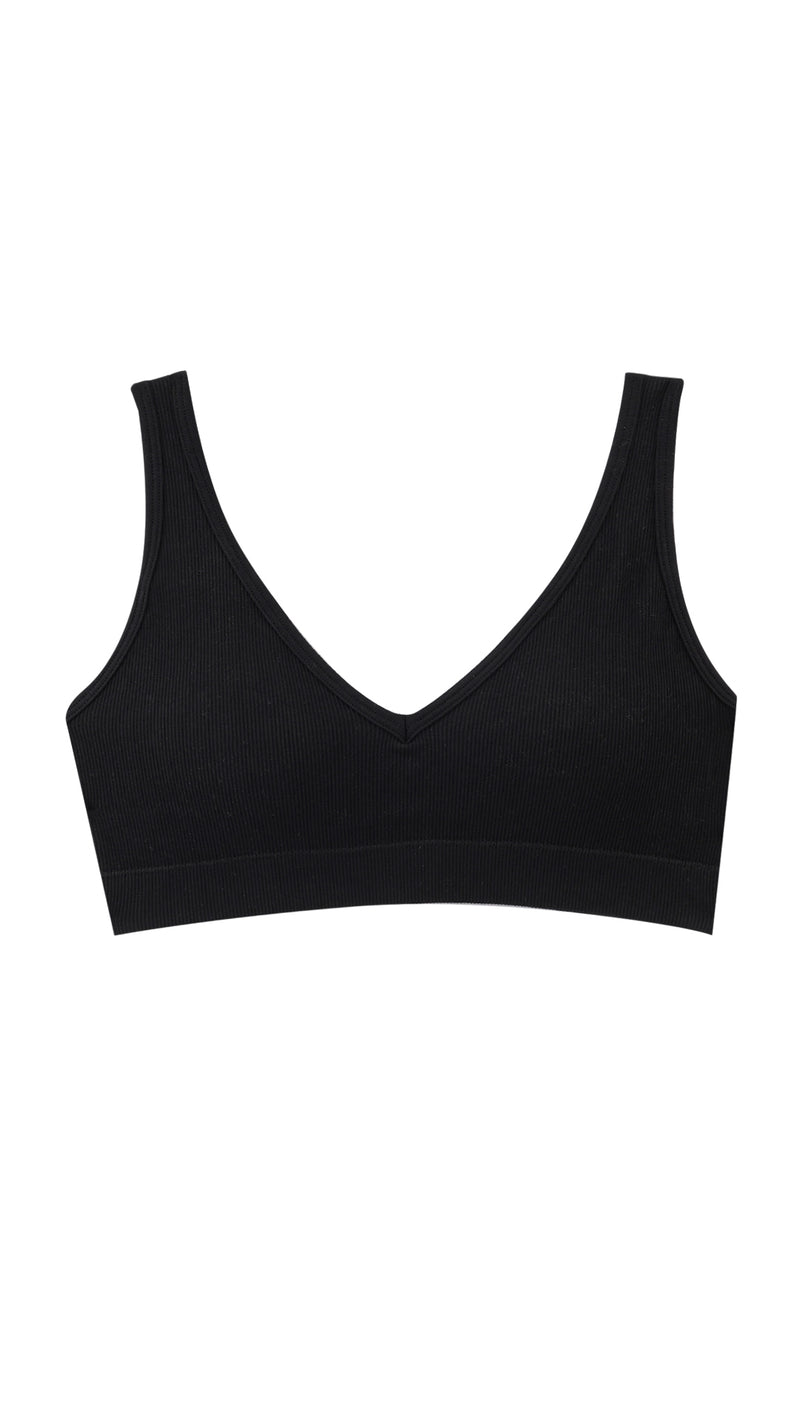 Product shot of black V-neck ribbed bra on white background
