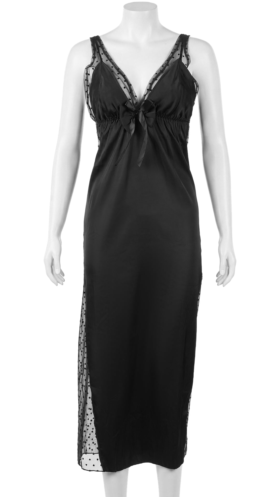 Black long slip dress with sheer polka-dot panel on mannequin, front view