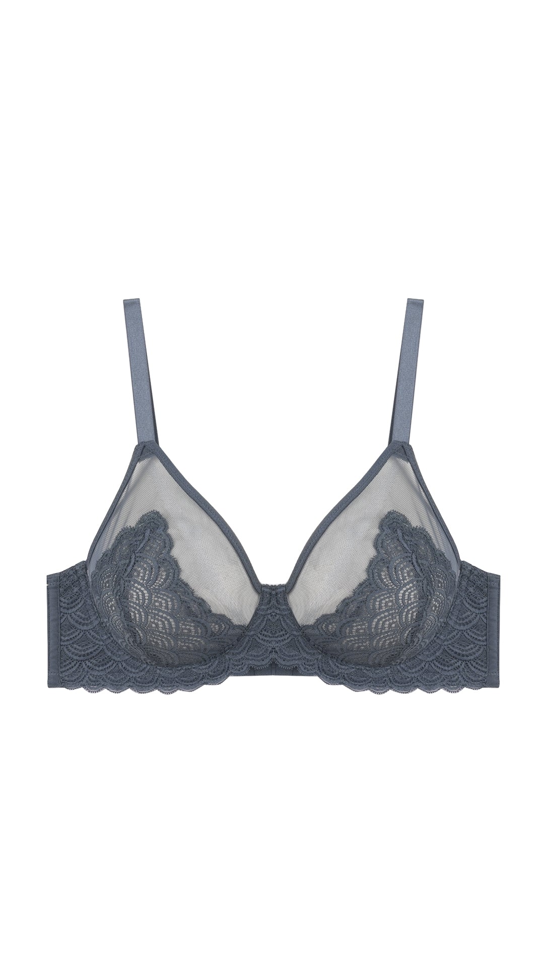 Close-up of grey lace demi bra strap and scalloped cup edge on white background