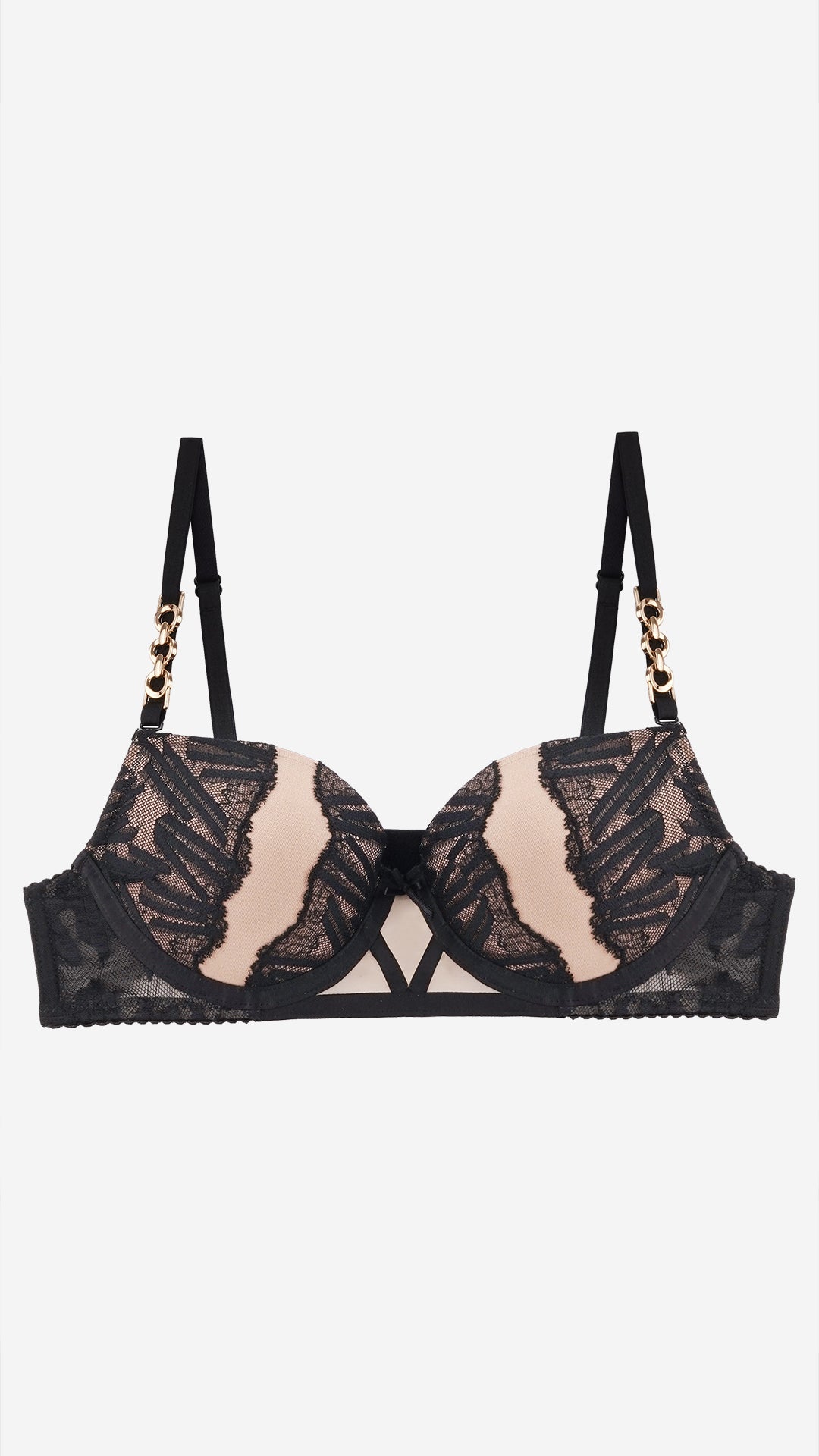 Black Lace Push-Up Bra with Gold Chain Straps