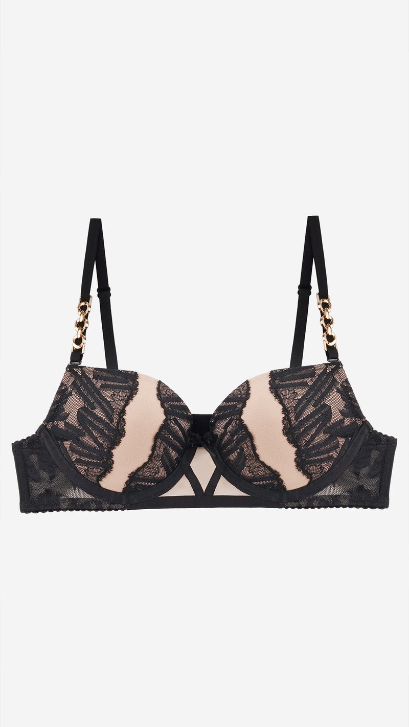 Black Lace Push-Up Bra with Gold Chain Straps
