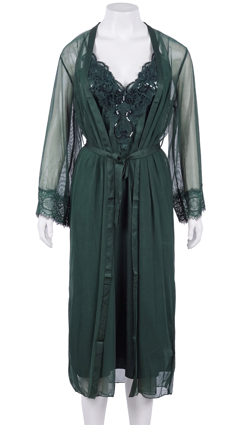Product shot of dark green sheer robe with lace cuffs on mannequin