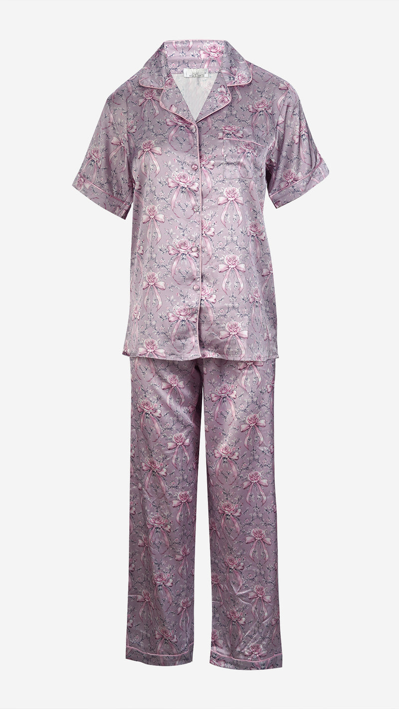 Pink Floral Satin Pyjama Set – Shirt, Shorts & Pants