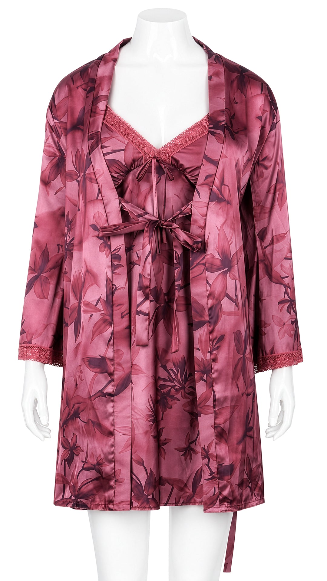 Mauve floral print satin nightdress and matching robe with lace cuffs on mannequin