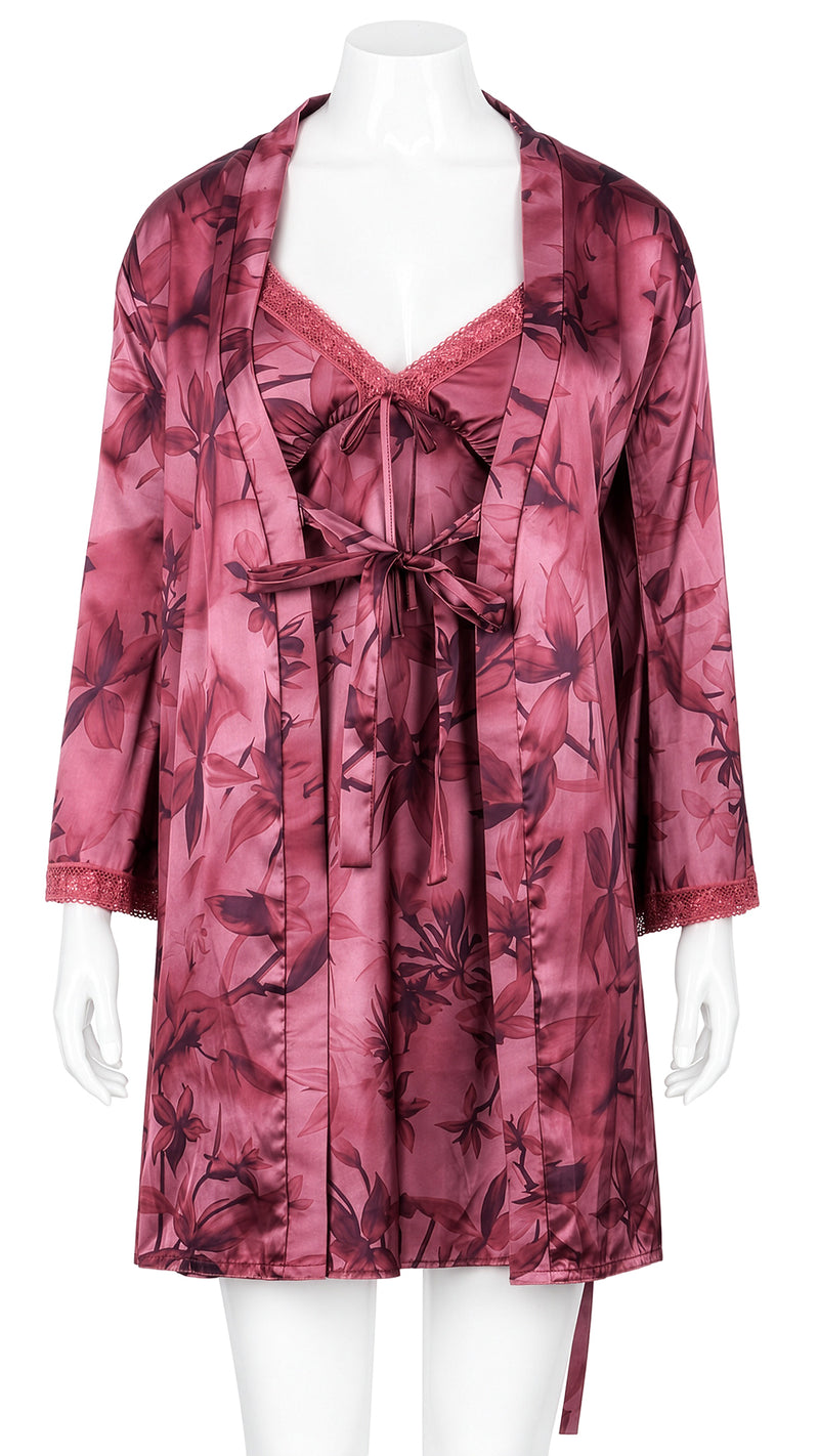 Mauve floral print satin nightdress and matching robe with lace cuffs on mannequin