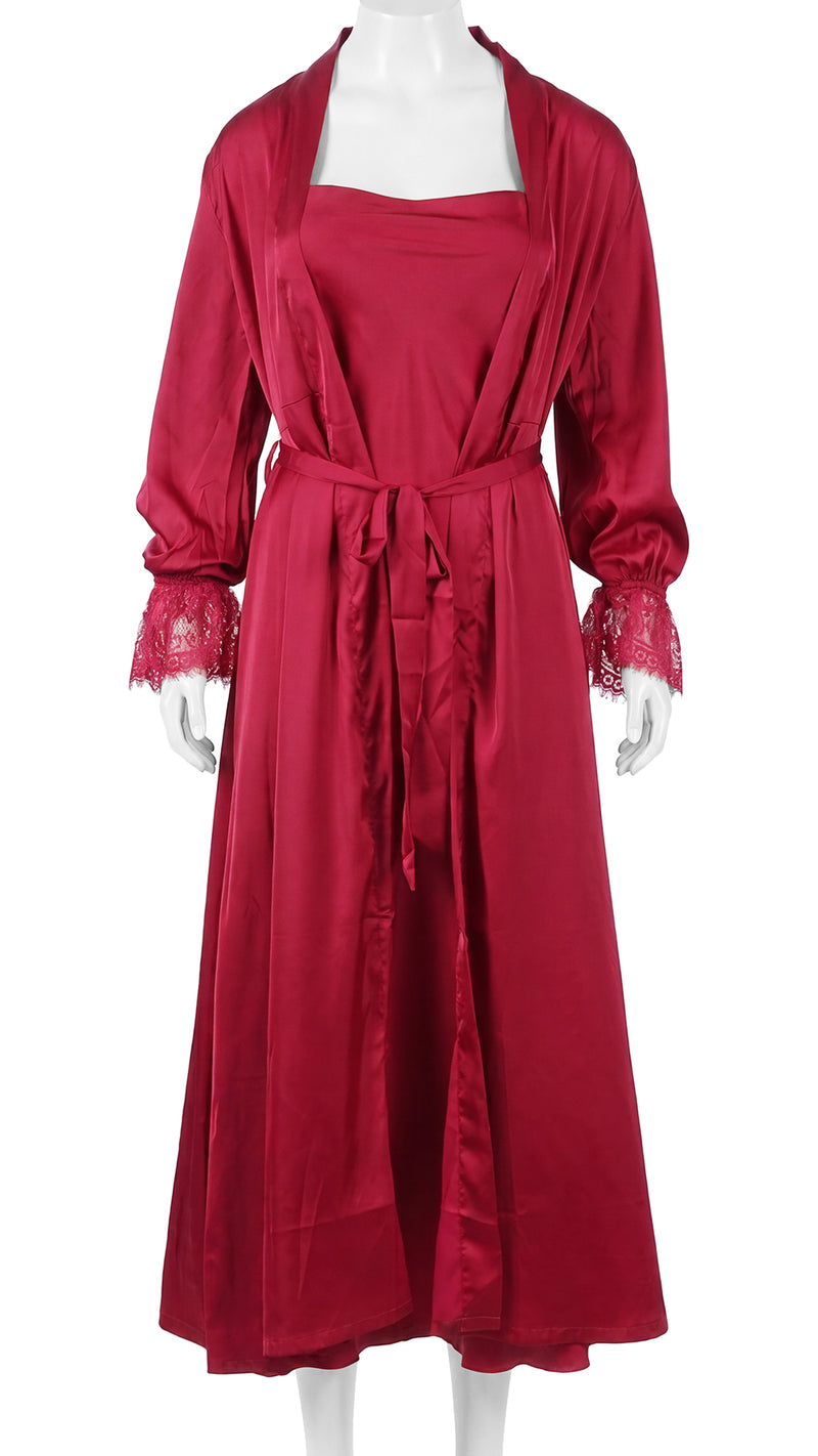 Mannequin display of maroon satin robe with lace cuffs and tie belt
