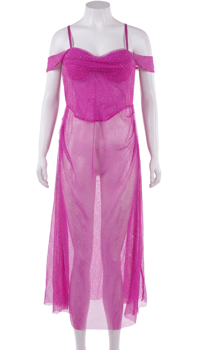 Sheer pink mesh nightdress on mannequin, front view