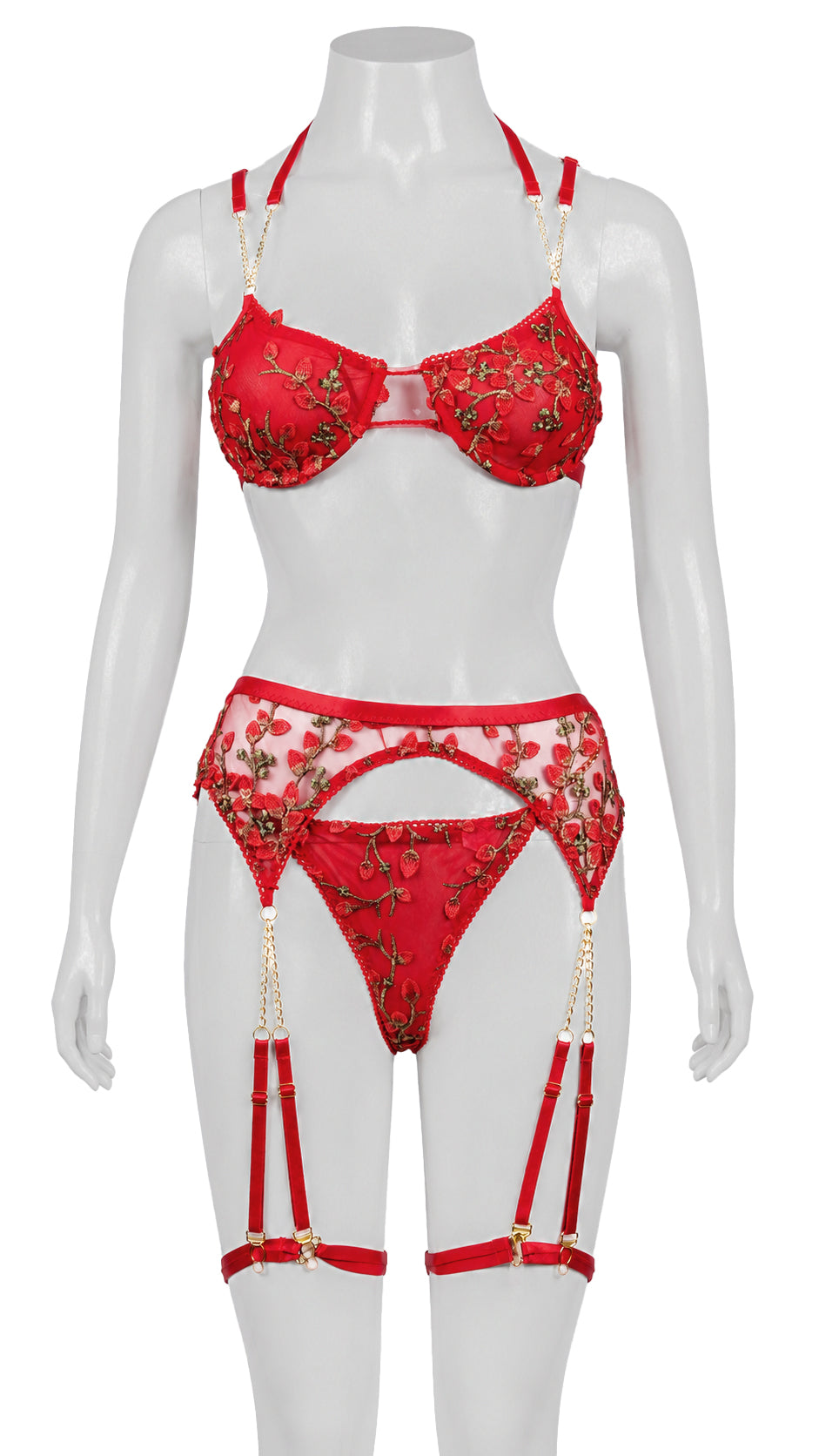 Red floral print bra and garter panty set on mannequin, front view