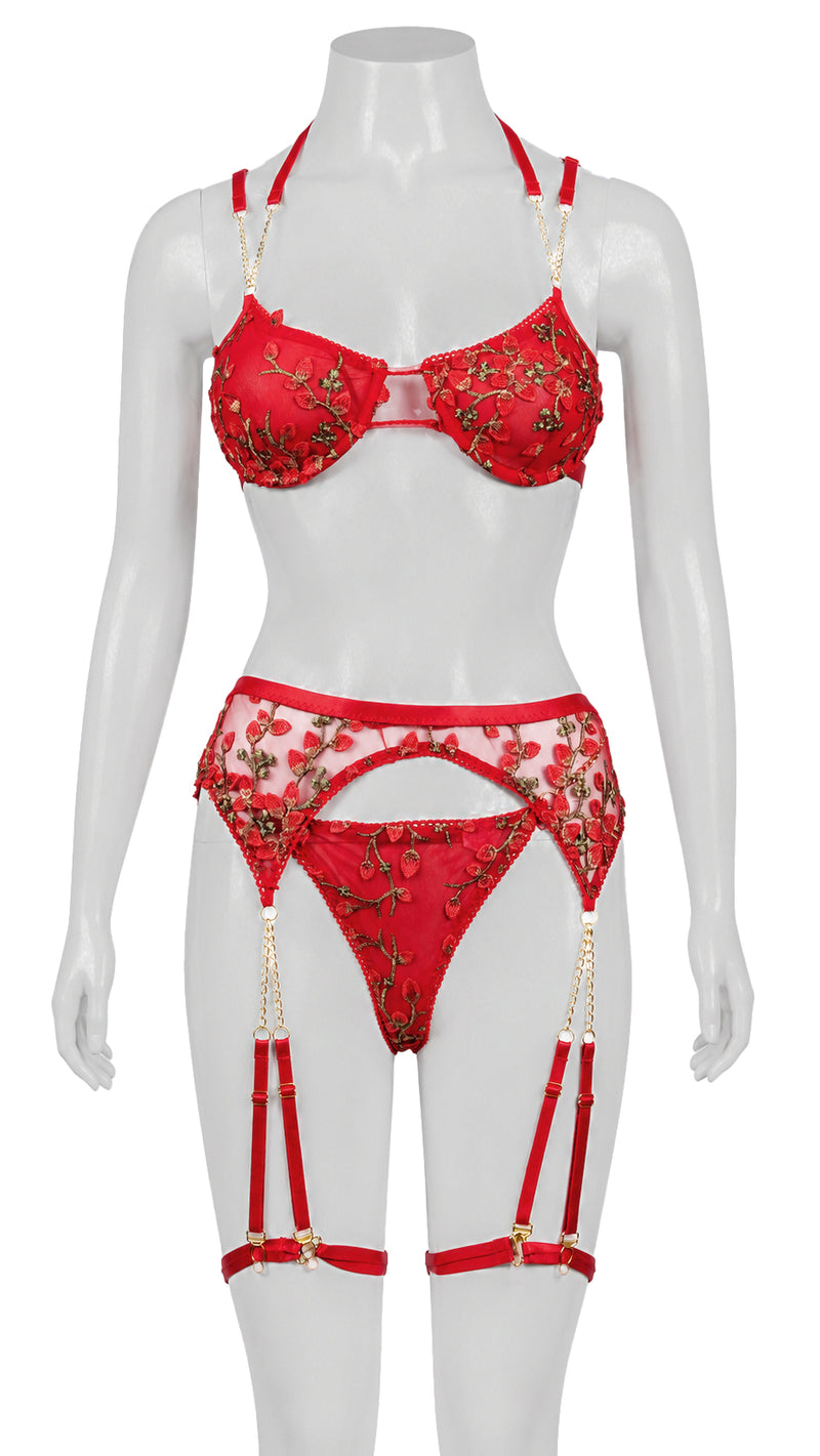 Red floral print bra and garter panty set on mannequin, front view