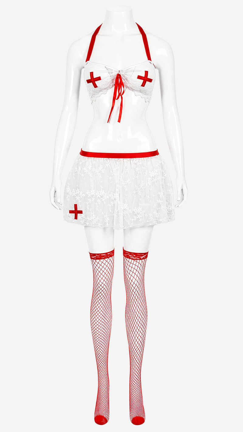 White nurse costume set with red trim and stockings on mannequin, front view