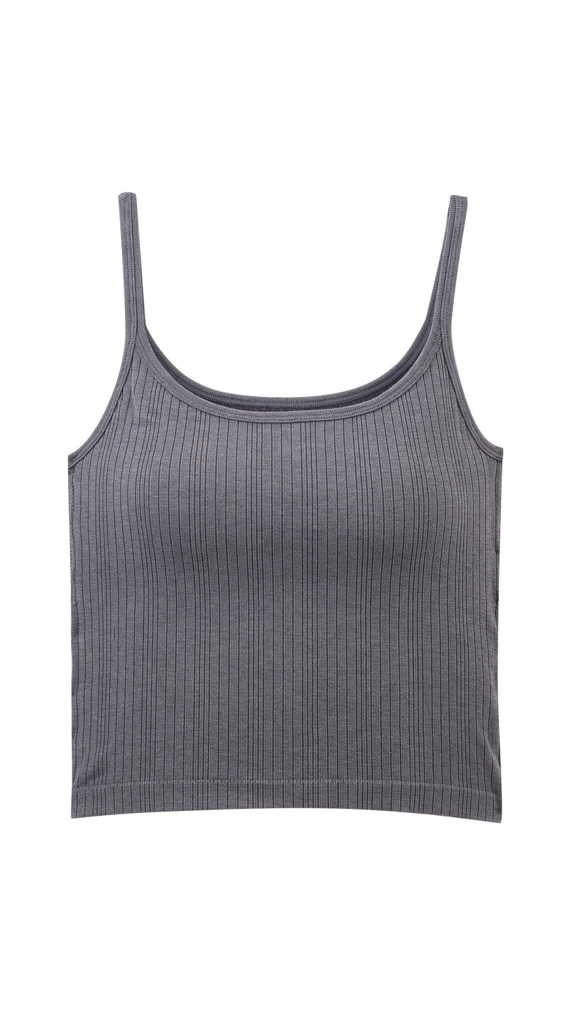 Grey ribbed cami top flat lay, front view