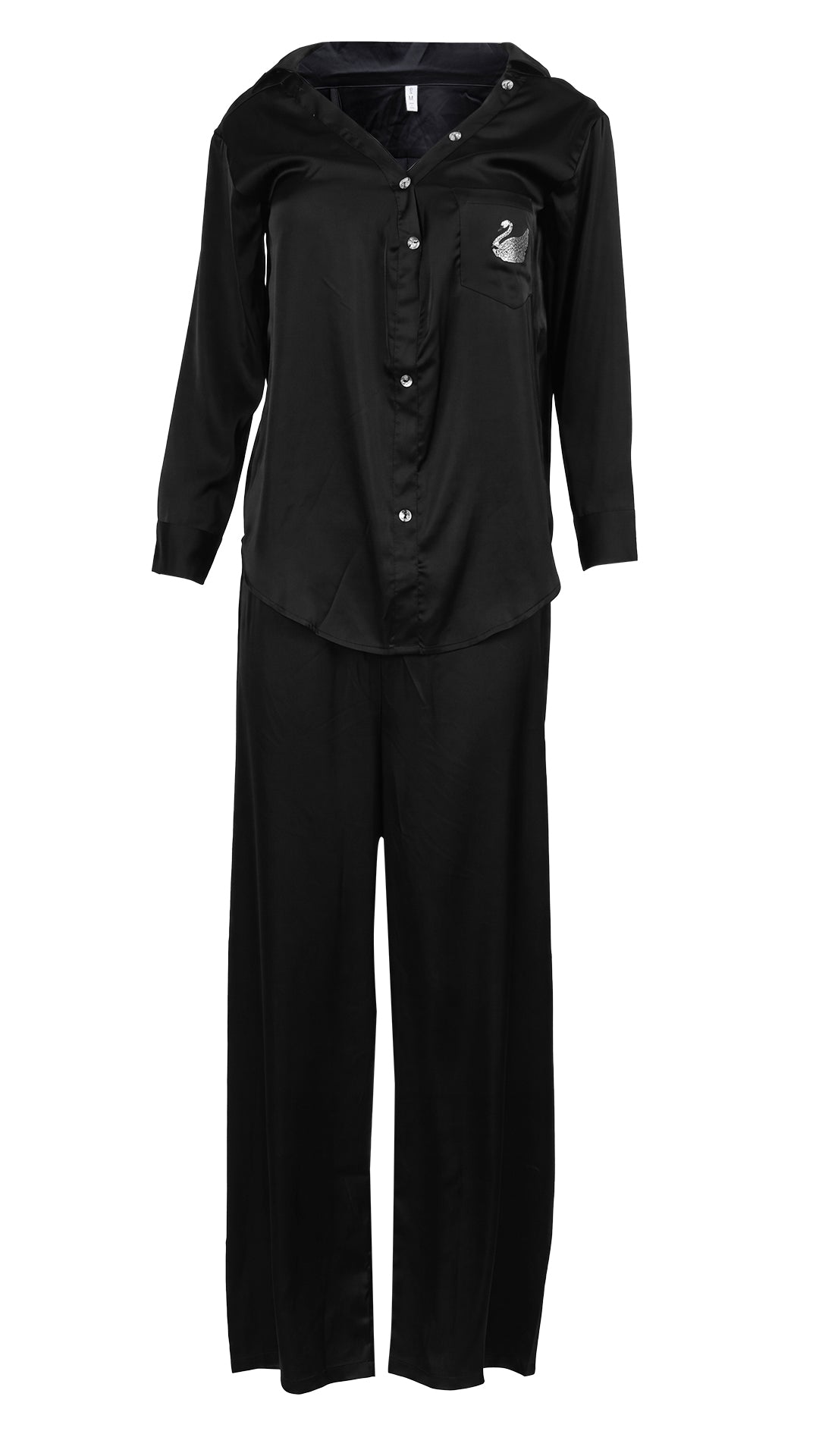 Front view of black satin pyjama set on white background