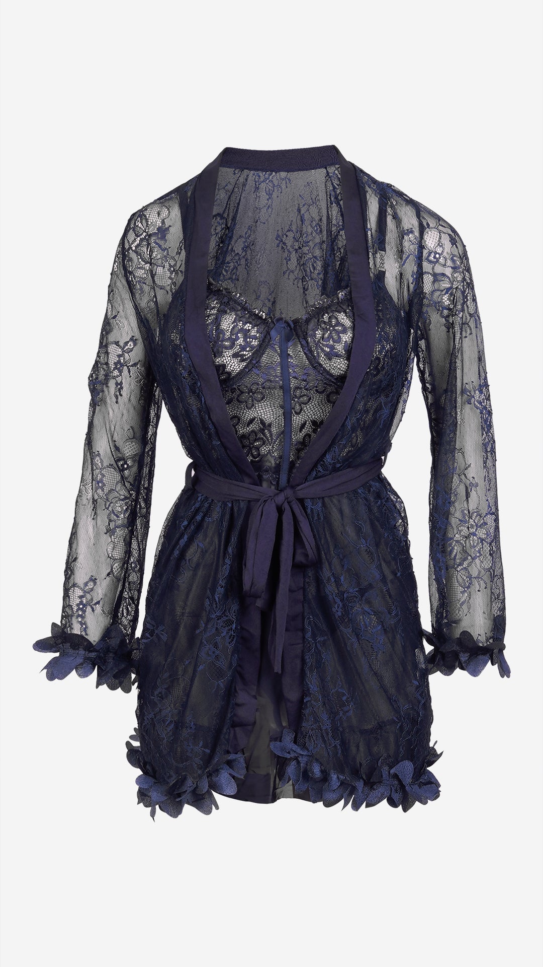 Navy Lace Babydoll & Robe Set with Wired Sheer Cups