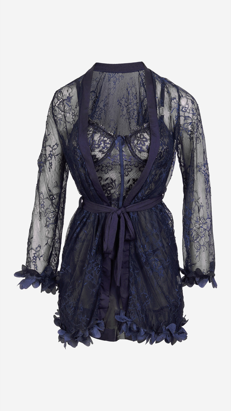 Navy Lace Babydoll & Robe Set with Wired Sheer Cups